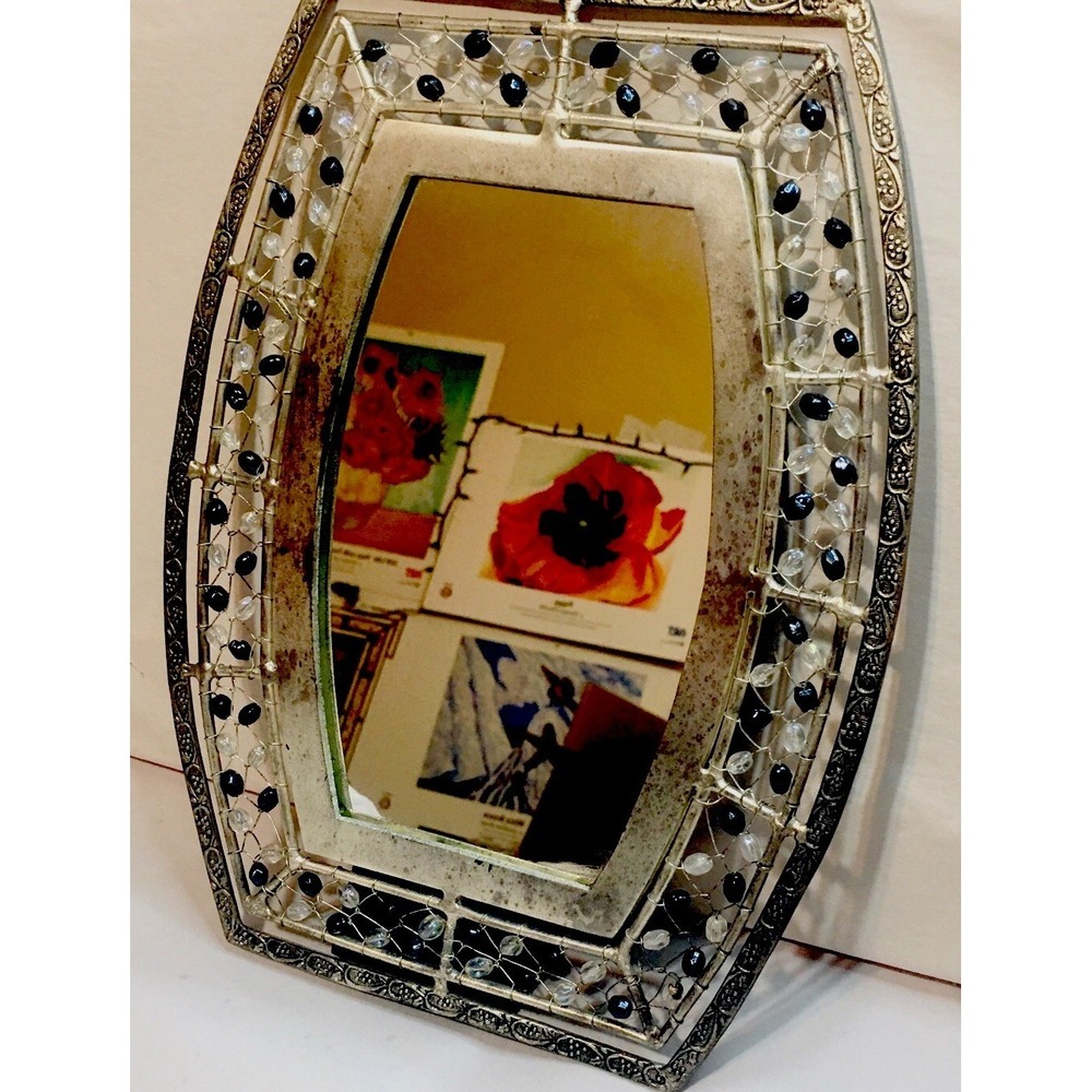 Silver-Tone Sapphire and Iridescent Glass Bead Hand Tied Mirror Art Deco Boho‎